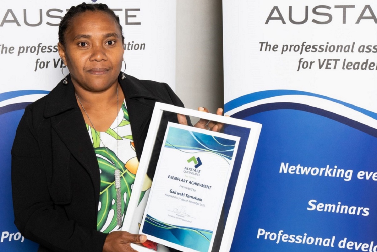 APTC’s Carpentry Trainer, Gail Waki Tamakam with her Exemplary Achievement Recognition Award at the 2022 AUSTAFE Queensland Leaders and Legends Awards in Brisbane.