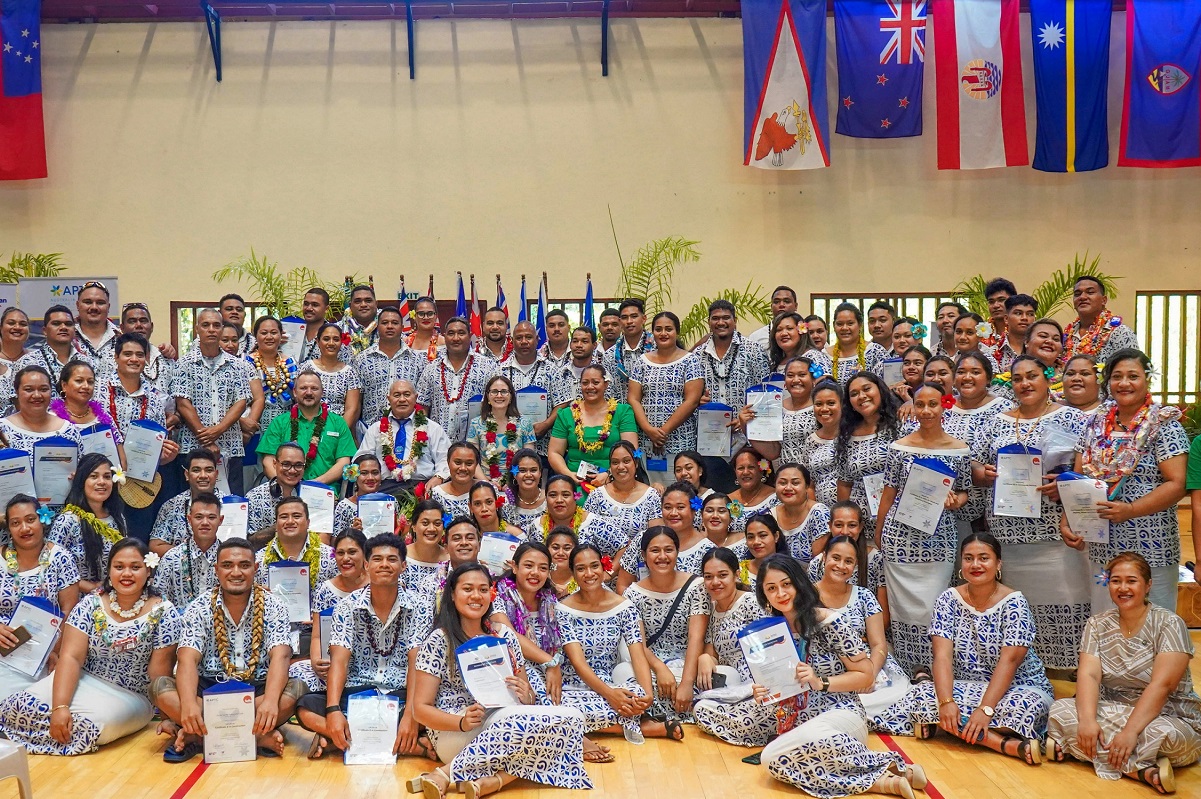 Proud APTC graduates celebrate their success with guests at the graduation ceremony in Apia, Samoa..