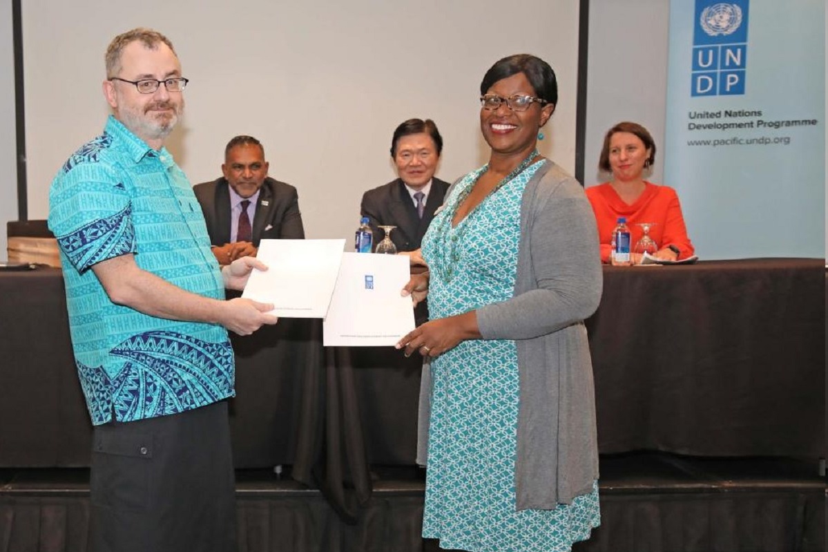 UNDP Pacific Office in Fiji Resident Representative, Levan Bouadze with  Deputy CEO for Australia Pacific Training Coalition, Lori Banks Dutta.